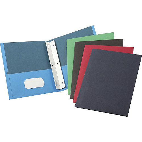 Business Source Letter Recycled Pocket Folder 8 1/2" x 11" - 100 Sheets Capacity - 3 x Prong Fastener(s) - 2 Inside Front & Back Pocket(s) - Leatherette - Assorted - 35% Recycled - 25 / Box (BSN78531)