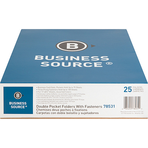 Business Source Letter Recycled Pocket Folder 8 1/2" x 11" - 100 Sheets Capacity - 3 x Prong Fastener(s) - 2 Inside Front & Back Pocket(s) - Leatherette - Assorted - 35% Recycled - 25 / Box (BSN78531)