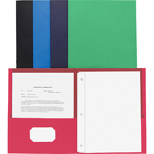 Business Source Letter Recycled Pocket Folder 8 1/2" x 11" - 100 Sheets Capacity - 3 x Prong Fastener(s) - 2 Inside Front & Back Pocket(s) - Leatherette - Assorted - 35% Recycled - 25 / Box (BSN78531)