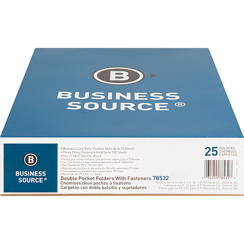 Business Source Letter Recycled Pocket Folder 8 1/2" x 11" - 100 Sheets Capacity - 3 x Prong Fastener(s) - 2 Inside Front & Back Pocket(s) - Leatherette - Black - 35% Recycled - 25 / Box (BSN78532)