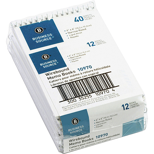 Business Source Wirebound Memo Books 40 Sheet(s) - Wire Bound - 4" x 6" Sheet Size - White - White Sheet(s) - 1 Dozen (BSN10970)