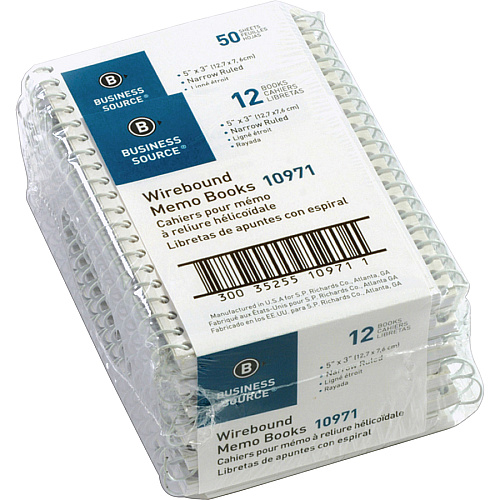 Business Source Side Wirebound Ruled Memo Book 50 Sheet(s) - Wire Bound - 3" x 5" Sheet Size - White - 1 Dozen (BSN10971)