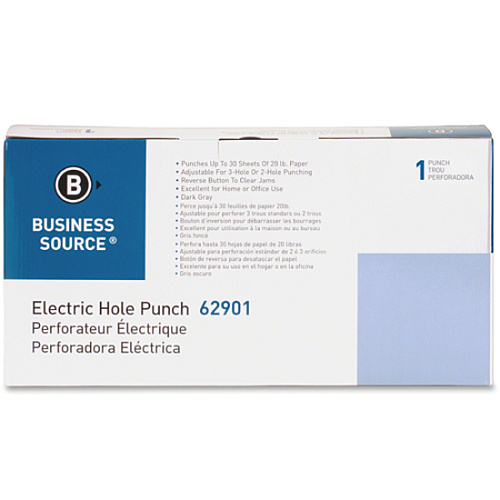 Business Source Electric Adjustable 3-hole Punch 3 Punch Head(s) - 30 Sheet of 20lb Paper - 1/4" Punch Size - 17.8" Width x 5.3" Depth x 8.3" Height - Gray (BSN62901)