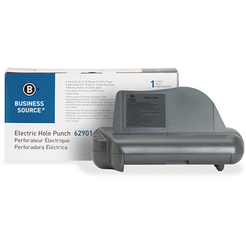 Business Source Electric Adjustable 3-hole Punch 3 Punch Head(s) - 30 Sheet of 20lb Paper - 1/4" Punch Size - 17.8" Width x 5.3" Depth x 8.3" Height - Gray (BSN62901)