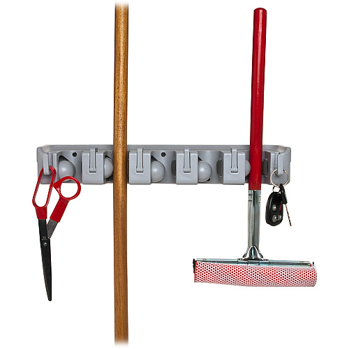 Genuine Joe Cleaning Tool Wall Organizer Rack 5 x Broom - 3.75" Height x 16.50" Width x 2.75" Depth - Handle, Hanging Hook, Sturdy - Gray - ABS Plastic - 1 Each (GJO12504)