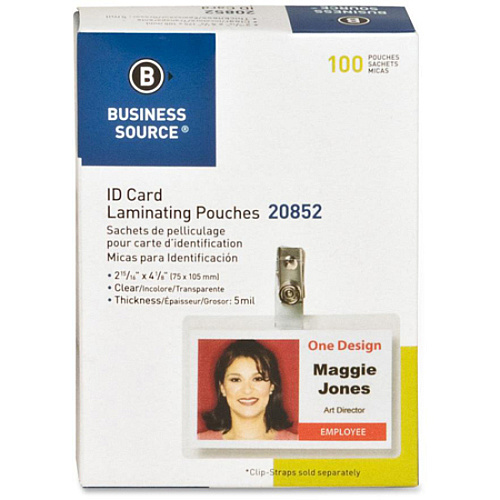 Business Source Government ID Laminating Pouches Laminating Pouch/Sheet Size: 2.94" Width x 4.13" Length x 5 mil Thickness - for Photo, ID Badge, Recipe - Pre-trimmed - Clear - 100 / Box (BSN20852)
