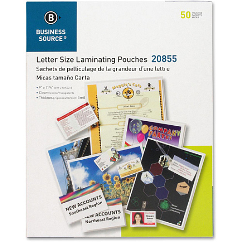 Business Source Letter Size Laminating Pouches Sheet Size Supported: Letter 8.50" Width x 11" Length - Laminating Pouch/Sheet Size: 9" Width x 11.50" Length x 5 mil Thickness - for Photo, Document, ID Badge, Recipe - Pre-trimmed - Clear - 50 /  (BSN20855)