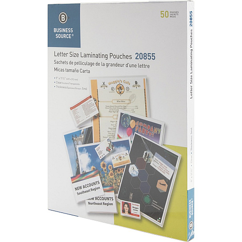 Business Source Letter Size Laminating Pouches Sheet Size Supported: Letter 8.50" Width x 11" Length - Laminating Pouch/Sheet Size: 9" Width x 11.50" Length x 5 mil Thickness - for Photo, Document, ID Badge, Recipe - Pre-trimmed - Clear - 50 /  (BSN20855)