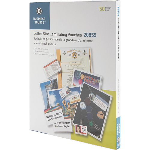 Business Source Letter Size Laminating Pouches Sheet Size Supported: Letter 8.50" Width x 11" Length - Laminating Pouch/Sheet Size: 9" Width x 11.50" Length x 5 mil Thickness - for Photo, Document, ID Badge, Recipe - Pre-trimmed - Clear - 50 /  (BSN20855)