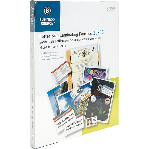 Business Source Letter Size Laminating Pouches Sheet Size Supported: Letter 8.50" Width x 11" Length - Laminating Pouch/Sheet Size: 9" Width x 11.50" Length x 5 mil Thickness - for Photo, Document, ID Badge, Recipe - Pre-trimmed - Clear - 50 /  (BSN20855)