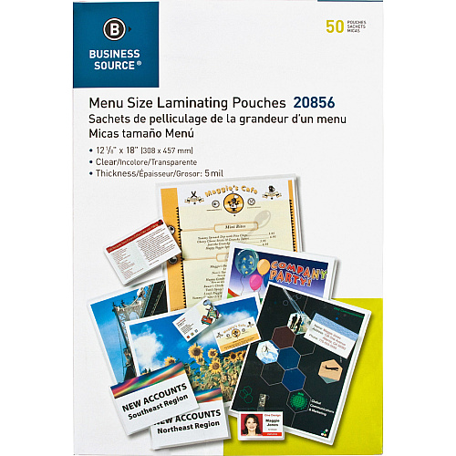 Business Source 5 mil Menu-size Laminating Pouches Laminating Pouch/Sheet Size: 12.13" Width x 18" Length x 5 mil Thickness - for Document, ID Badge, Photo, Recipe, Recipe Card - Pre-trimmed - Clear - 50 / Box (BSN20856)