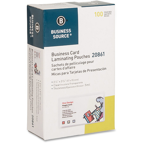 Business Source 5 mil Business Card Laminating Pouches Laminating Pouch/Sheet Size: 2.25" Width x 3.75" Length x 5 mil Thickness - for Business Card - Pre-trimmed, Moisture Resistant, Fade Resistant - Clear - 100 / Box (BSN20861)