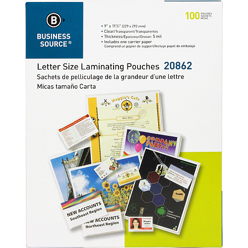 Business Source Laminating Pouches Sheet Size Supported: Letter 8.50" Width x 11" Length x 5 mil Thickness - Laminating Pouch/Sheet Size: 9" Width x 11.50" Length - for Document, ID Badge, Photo, Recipe - Clear - 100 / Box (BSN20862)
