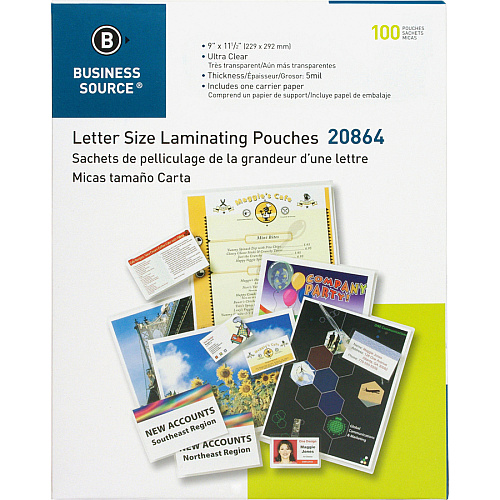 Business Source Laminating Pouches Sheet Size Supported: Letter 8.50" Width x 11" Length - Laminating Pouch/Sheet Size: 9" Width x 11.50" Length x 5 mil Thickness - for Document, ID Badge, Photo, Recipe - Clear - 100 / Box (BSN20864)