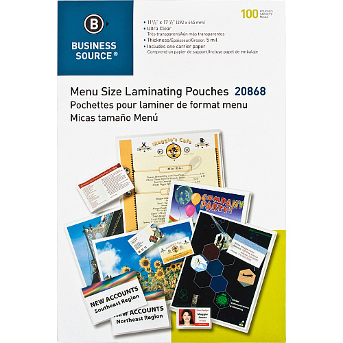 Business Source 5 mil Menu Laminating Pouches Laminating Pouch/Sheet Size: 11.50" Width x 17.50" Length x 5 mil Thickness - for Menu, Document, Photo, Recipe Card - Clear - 100 / Box (BSN20868)