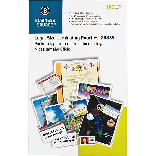 Business Source 3 mil Legal-Size Laminating Pouches Laminating Pouch/Sheet Size: 9" Width x 14.50" Length x 3 mil Thickness - for Document, ID Badge, Photo, Menu - Clear - 100 / Box (BSN20869)