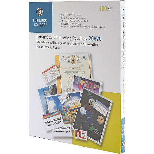 Business Source Letter Size Laminating Pouches Laminating Pouch/Sheet Size: 9" Width x 11.50" Length x 3 mil Thickness - for Document, ID Badge, Menu, Photo - Clear - 100 / Box (BSN20870)
