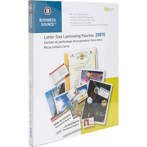 Business Source Letter Size Laminating Pouches Laminating Pouch/Sheet Size: 9" Width x 11.50" Length x 3 mil Thickness - for Document, ID Badge, Menu, Photo - Clear - 100 / Box (BSN20870)
