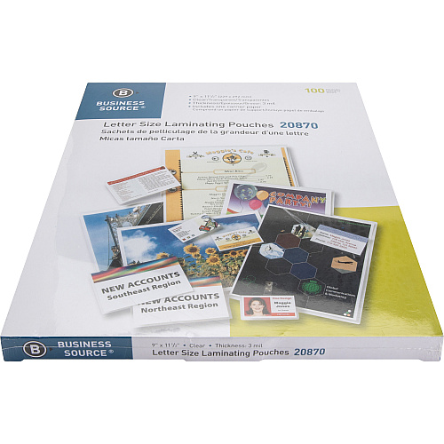 Business Source Letter Size Laminating Pouches Laminating Pouch/Sheet Size: 9" Width x 11.50" Length x 3 mil Thickness - for Document, ID Badge, Menu, Photo - Clear - 100 / Box (BSN20870)