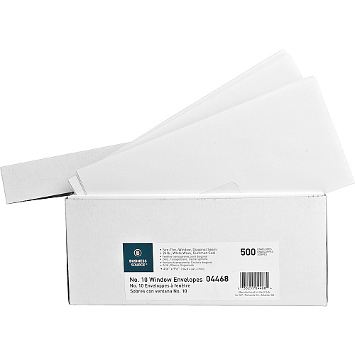 Business Source No. 10 Diagonal Seam Window Envelopes Single Window - #10 - 4 1/8" Width x 9 1/2" Length - 24 lb - Gummed - White - Wove - 500 / Box (BSN04468)