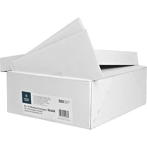 Business Source No. 10 Diagonal Seam Window Envelopes Single Window - #10 - 4 1/8" Width x 9 1/2" Length - 24 lb - Gummed - White - Wove - 500 / Box (BSN04468)