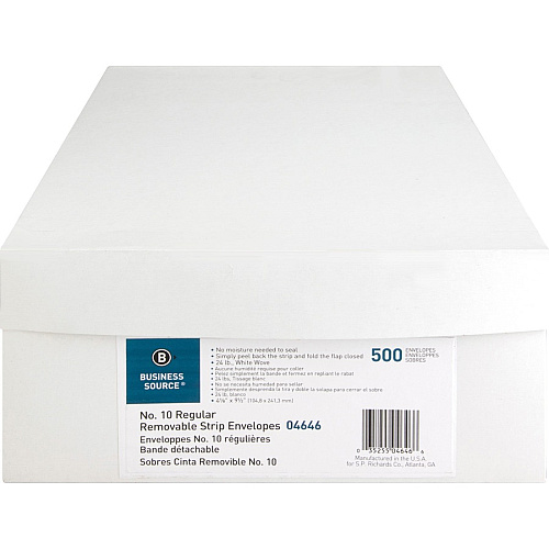 Business Source Plain Peel/Seal Business Envelopes Business - #10 - 9 1/2" Width x 4 1/8" Length - 24 lb - Peel & Seal - White - Wove - 500 / Box (BSN04646)