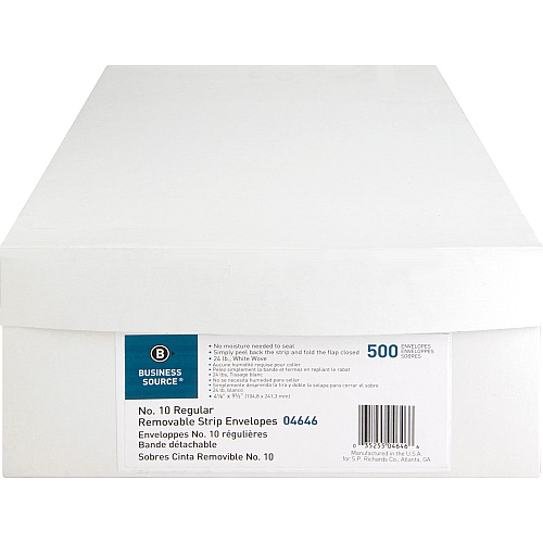 Business Source Plain Peel/Seal Business Envelopes Business - #10 - 9 1/2" Width x 4 1/8" Length - 24 lb - Peel & Seal - White - Wove - 500 / Box (BSN04646)