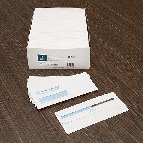 Business Source Double Window No. 8-5/8 Check Envelopes Double Window - #8 5/8 - 8 5/8" Width x 3 5/8" Length - 24 lb - Self-sealing - White - 500 / Box (BSN04650)