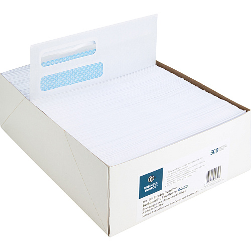 Business Source Double Window No. 8-5/8 Check Envelopes Double Window - #8 5/8 - 8 5/8" Width x 3 5/8" Length - 24 lb - Self-sealing - White - 500 / Box (BSN04650)