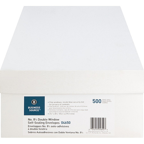 Business Source Double Window No. 8-5/8 Check Envelopes Double Window - #8 5/8 - 8 5/8" Width x 3 5/8" Length - 24 lb - Self-sealing - White - 500 / Box (BSN04650)