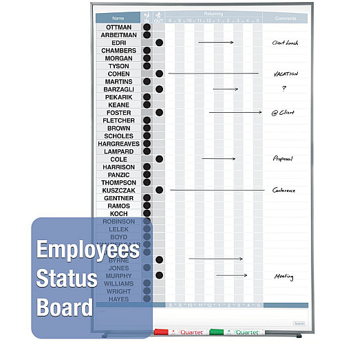 Quartet Matrix 36-employee In/Out Board 34" Board Height x 23" Board Width - White Natural Cork Surface - Magnetic, Durable - Silver Frame - 1 Each (33705)