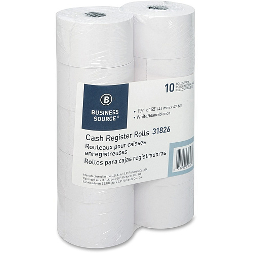 Business Source 1-Ply 155' Adding Machine Paper Rolls 1 3/4" x 155 ft - Sustainable Forestry Initiative (SFI) - Lint-free - White - 10 / Pack (BSN31826)