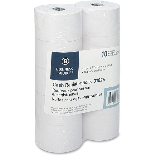 Business Source 1-Ply 155' Adding Machine Paper Rolls 1 3/4" x 155 ft - Sustainable Forestry Initiative (SFI) - Lint-free - White - 10 / Pack (BSN31826)