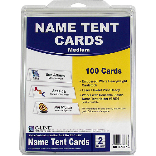 C-Line Embossed Cardstock Name Tents Letter - 8 1/2" x 11" - White - 100 / Box (87587)