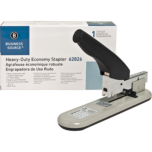 Business Source Economy Heavy-duty Stapler Staples Upto 100 Sheet - Staple Size: 0.50" - 2" Throat Depth - Black, Putty - Rubber, Steel - 1 Each (BSN62826)