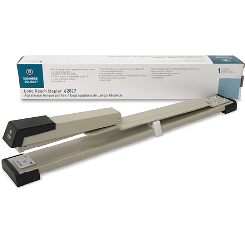Business Source Long Reach Stapler Staples Upto 20 Sheet of 20lb Paper - Holds Upto 210 Staple - Full Strip - Staple Size: 0.25" - 12" Throat Depth - Putty, Gray, Black - 1 Each (BSN62827)