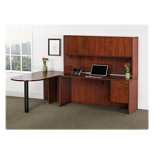 Lorell Essentials Series Left Corner Credenza 70.9" x 35.4" x 29.5" - Finish: Laminate, Mahogany - Leveling Glide (LLR69906)