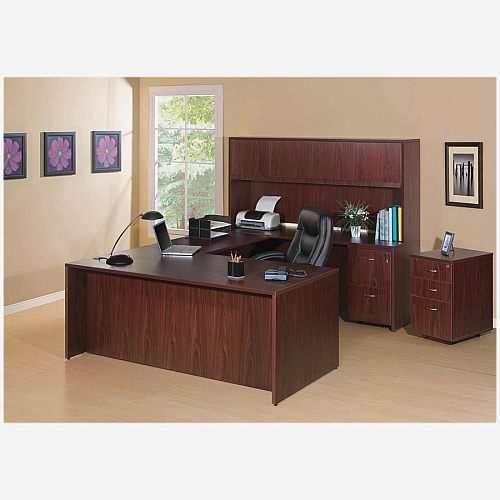 Lorell Essentials Series Left Corner Credenza 70.9" x 35.4" x 29.5" - Finish: Laminate, Mahogany - Leveling Glide (LLR69906)