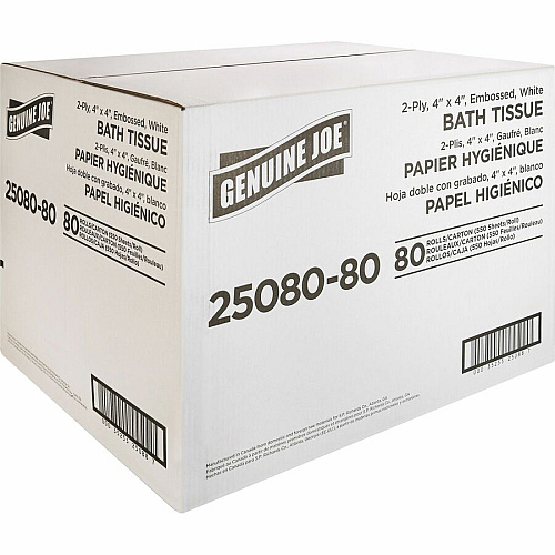 Genuine Joe&reg; Standard Toilet Paper, 2-Ply, 550 Sheets, 80 Rolls 2 Ply - 4" Width x 4" Length - 550 Sheets/Roll - 1 5/8" Core - White - 80 / Carton (GJO2508080)