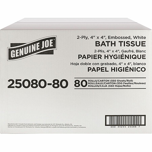 Genuine Joe&reg; Standard Toilet Paper, 2-Ply, 550 Sheets, 80 Rolls 2 Ply - 4" Width x 4" Length - 550 Sheets/Roll - 1 5/8" Core - White - 80 / Carton (GJO2508080)