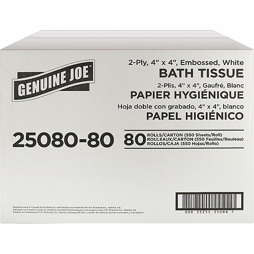 Genuine Joe&reg; Standard Toilet Paper, 2-Ply, 550 Sheets, 80 Rolls 2 Ply - 4" Width x 4" Length - 550 Sheets/Roll - 1 5/8" Core - White - 80 / Carton (GJO2508080)