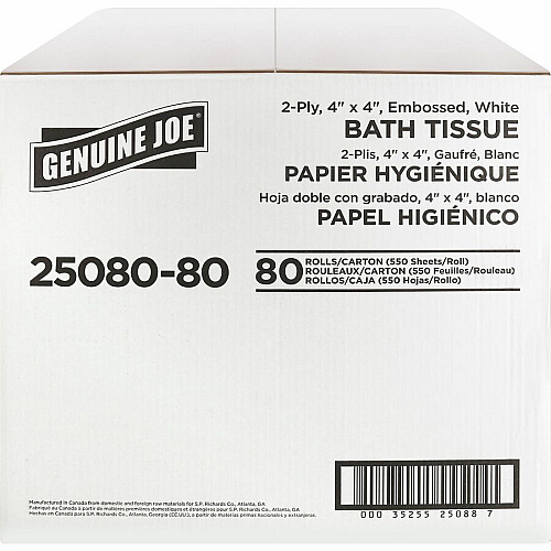 Genuine Joe&reg; Standard Toilet Paper, 2-Ply, 550 Sheets, 80 Rolls 2 Ply - 4" Width x 4" Length - 550 Sheets/Roll - 1 5/8" Core - White - 80 / Carton (GJO2508080)