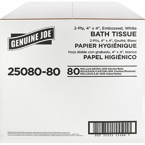 Genuine Joe&reg; Standard Toilet Paper, 2-Ply, 550 Sheets, 80 Rolls 2 Ply - 4" Width x 4" Length - 550 Sheets/Roll - 1 5/8" Core - White - 80 / Carton (GJO2508080)