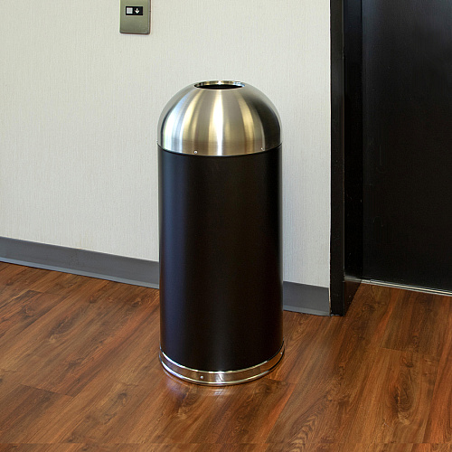 Genuine Joe 15 Gallon Dome Top Trash Receptacle 15 gal Capacity - Durable, Powder Coated, Easy to Clean - 40" Height x 16.5" Diameter - Stainless Steel - Black, Silver - 1 Each (GJO58896)