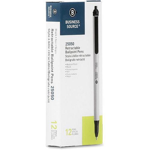 Business Source Retractable Ballpoint Pens Medium Pen Point - Retractable - Black Ink - Gray Barrel - 1 Dozen (BSN25050)