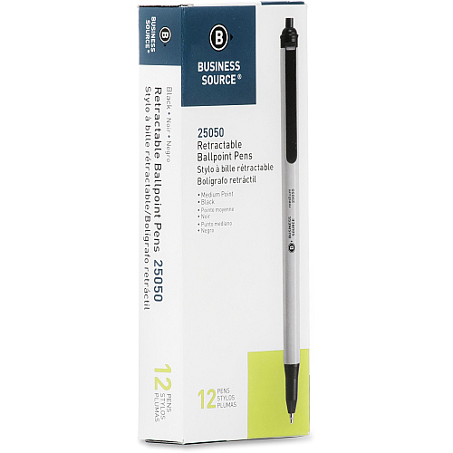 Business Source Retractable Ballpoint Pens Medium Pen Point - Retractable - Black Ink - Gray Barrel - 1 Dozen (BSN25050)