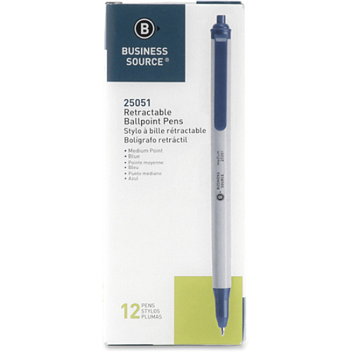 Business Source Retractable Ballpoint Pens Medium Pen Point - Retractable - Blue Ink - Gray Barrel - 1 Dozen (BSN25051)