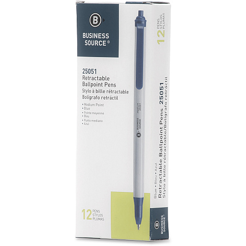 Business Source Retractable Ballpoint Pens Medium Pen Point - Retractable - Blue Ink - Gray Barrel - 1 Dozen (BSN25051)
