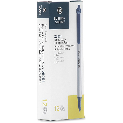 Business Source Retractable Ballpoint Pens Medium Pen Point - Retractable - Blue Ink - Gray Barrel - 1 Dozen (BSN25051)