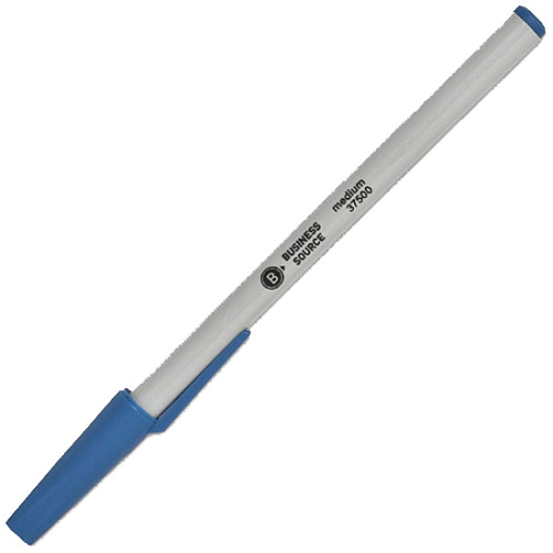 Business Source Medium Point Ballpoint Stick Pens Medium Pen Point - Blue Ink - Light Gray Barrel - Stainless Steel Tip - 1 Dozen (BSN37500)